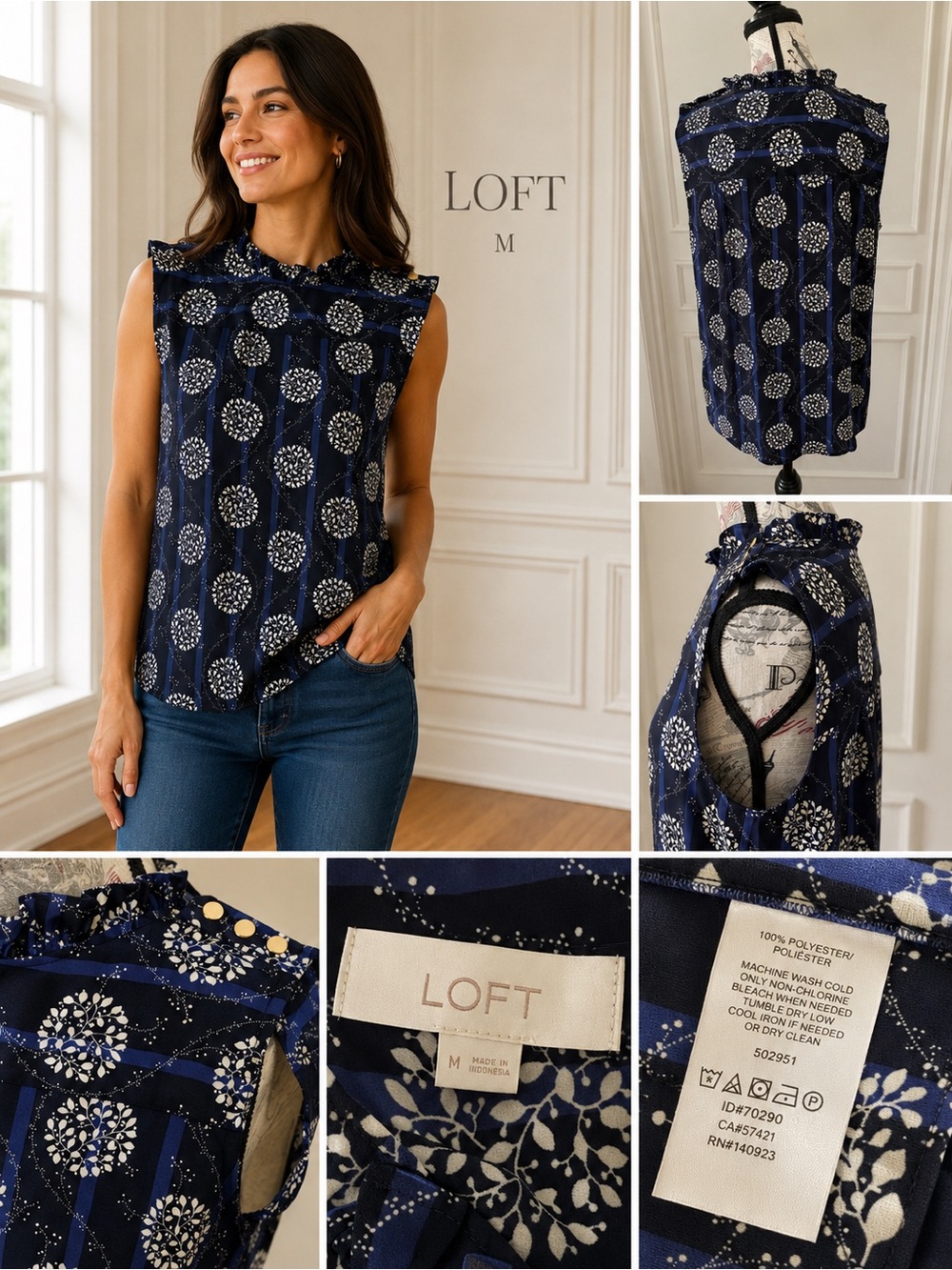 LOFT Navy Floral Sleeveless Ruffle Mock Neck Top Gold Tone Button Accents Medium - Picture 2 of 10